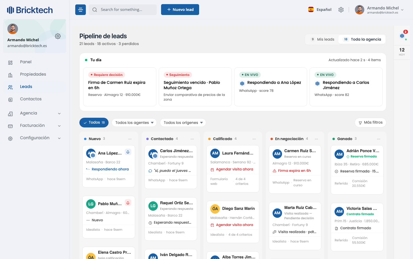 Pipeline de leads de Bricktech: cada lead con su score, su estado y su origen, con Sofía atendiendo en vivo por WhatsApp.